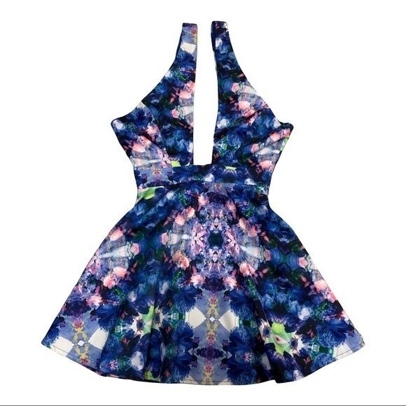 Naven Floral Abstract Print Cutout Kaleidoscope Skater Dress S Prom Cocktail - Picture 2 of 10